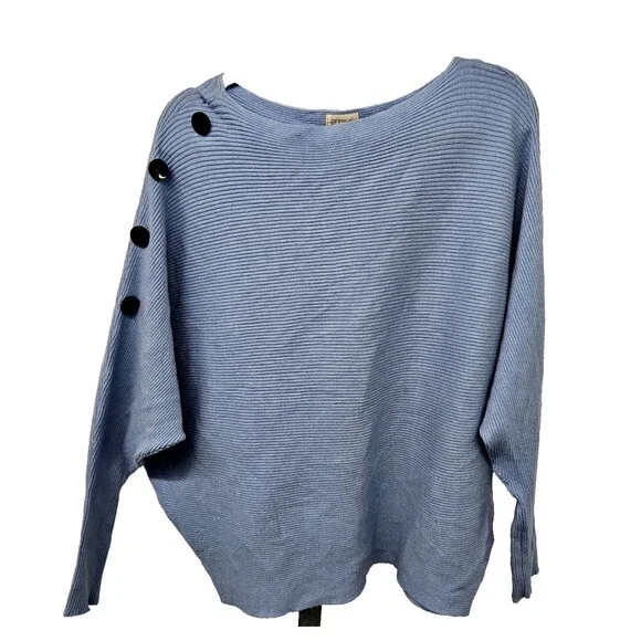 Greige Ribbed Dolman Sweater Womens Size L Side Buttons Long Sleeves Light Blue - Picture 1 of 7